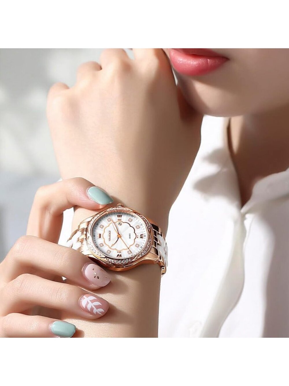 Womens Rose Gold Analog Quartz Ceramic Reloj Mujer Shinning Diamond Luxury Watch - Picture 6 of 7